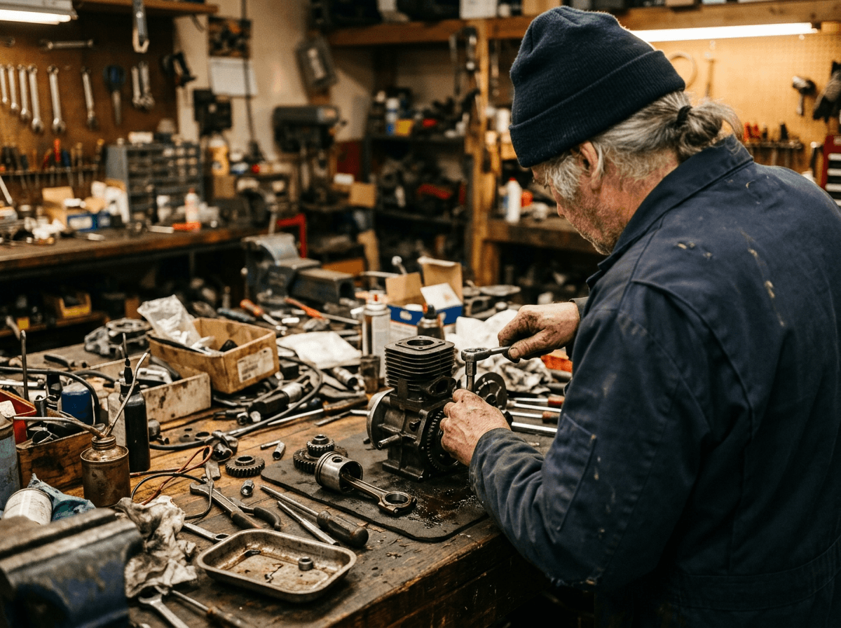 Experienced mechanic working on a small engine at the Boca Raton shop